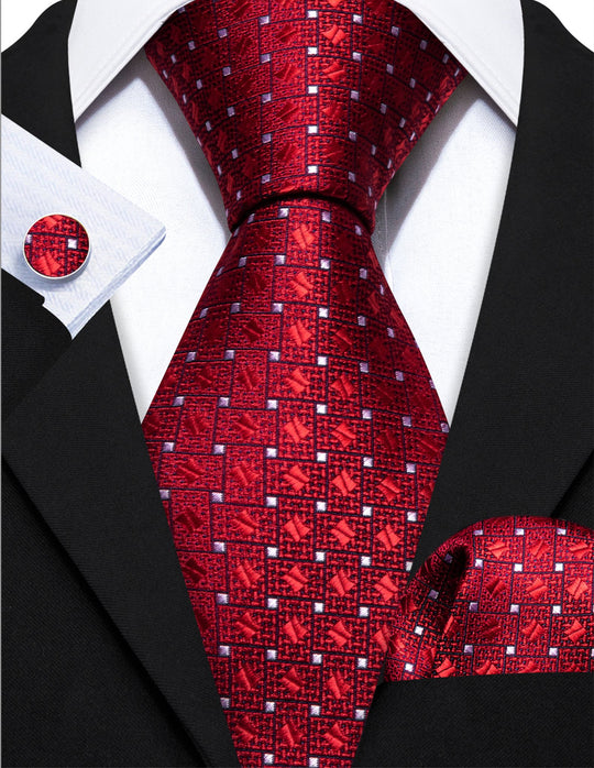 Red White Dot Tie Pocket Square Cufflinks Set- N-6260 - SimonVon Shop
