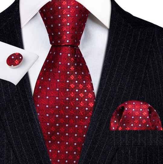 Red White Dot Tie Pocket Square Cufflinks Set- N-6260 - SimonVon Shop