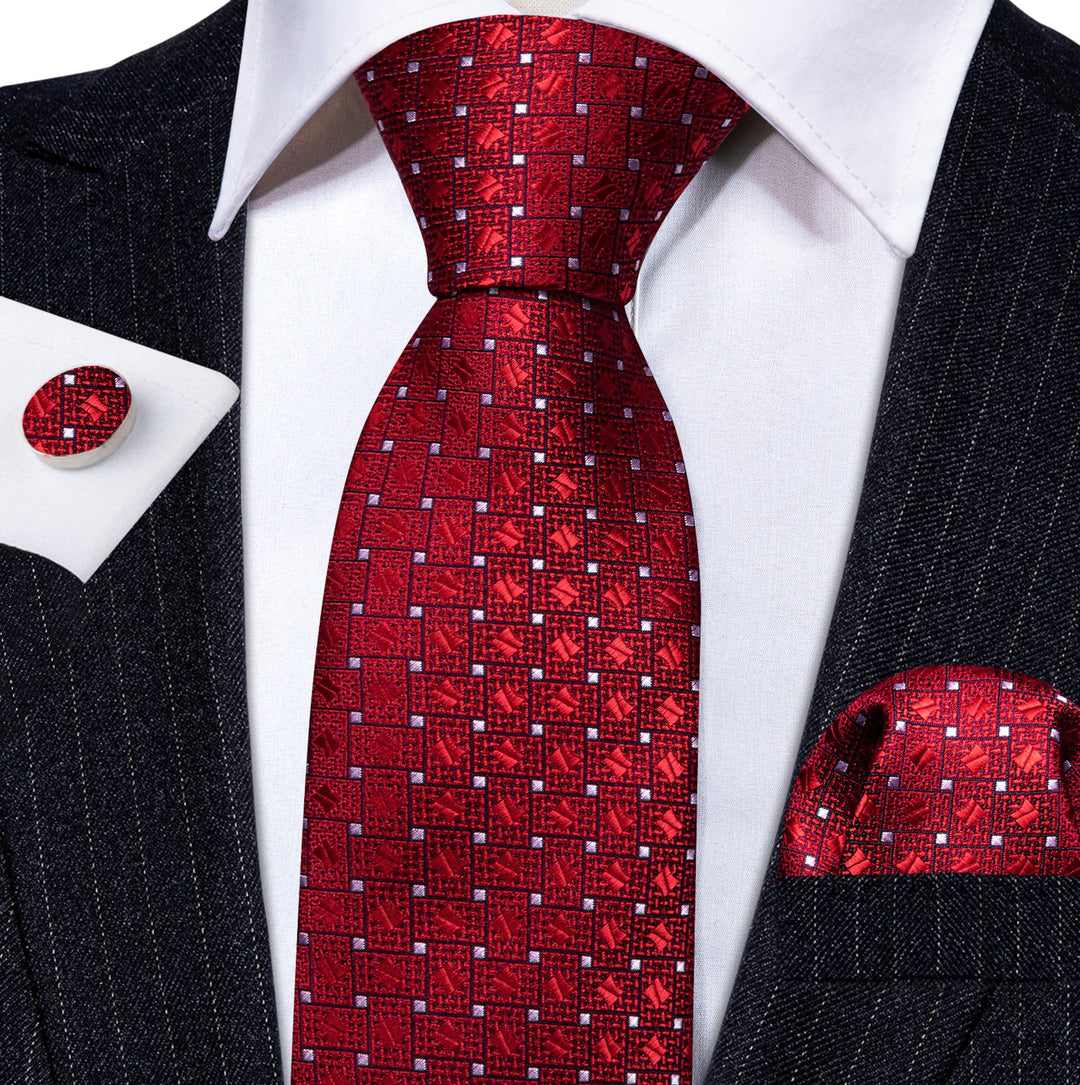 Red White Dot Tie Pocket Square Cufflinks Set- N-6260 - SimonVon Shop