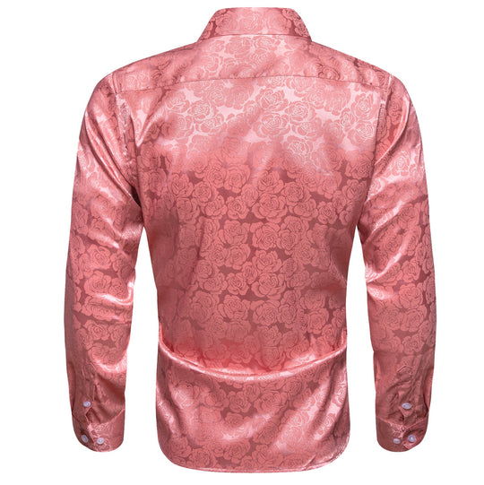 Rose Pink Coral Floral Silk Men's Long Sleeve Shirt- CY-0673 - SimonVon Shop