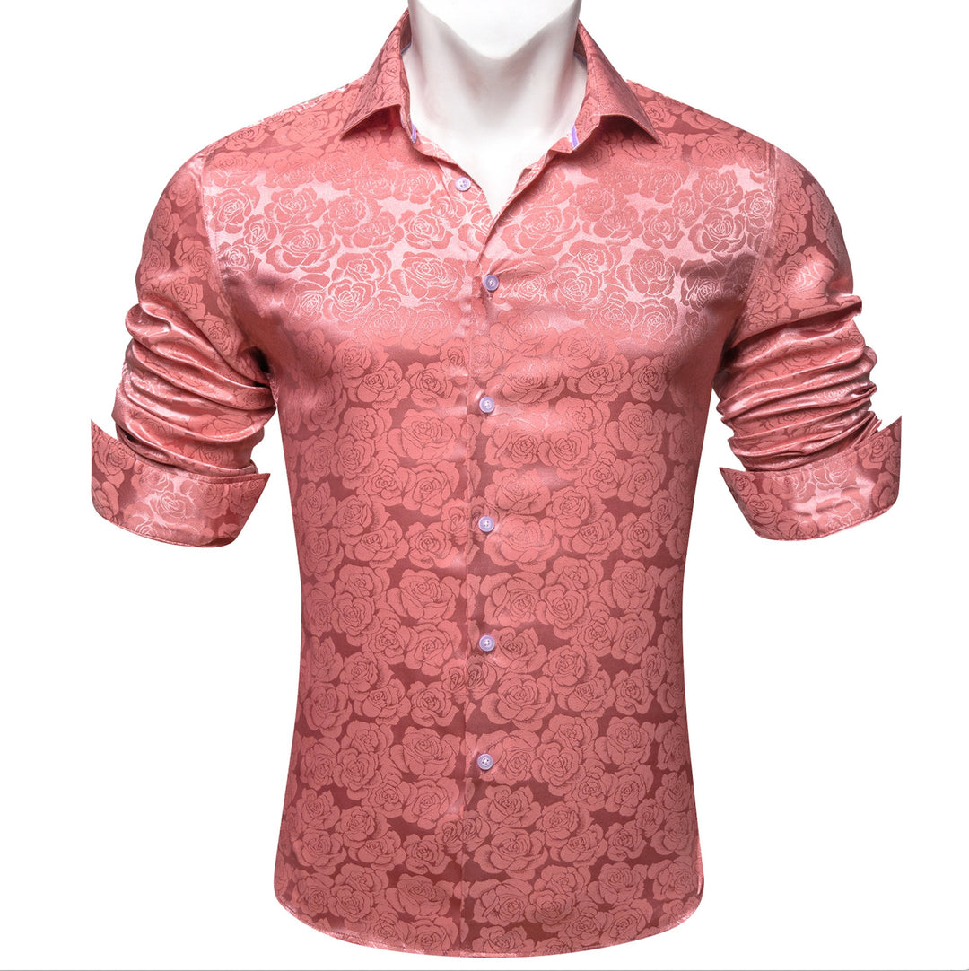 Rose Pink Coral Floral Silk Men's Long Sleeve Shirt- CY-0673 - SimonVon Shop