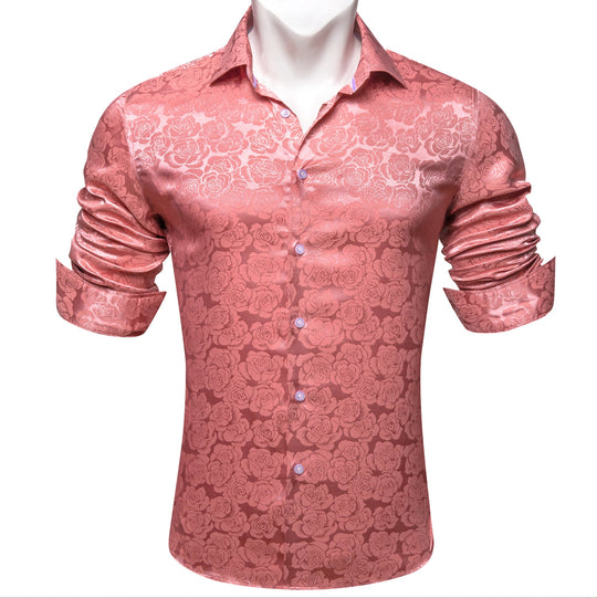 Rose Pink Coral Floral Silk Men's Long Sleeve Shirt- CY-0673 - SimonVon Shop