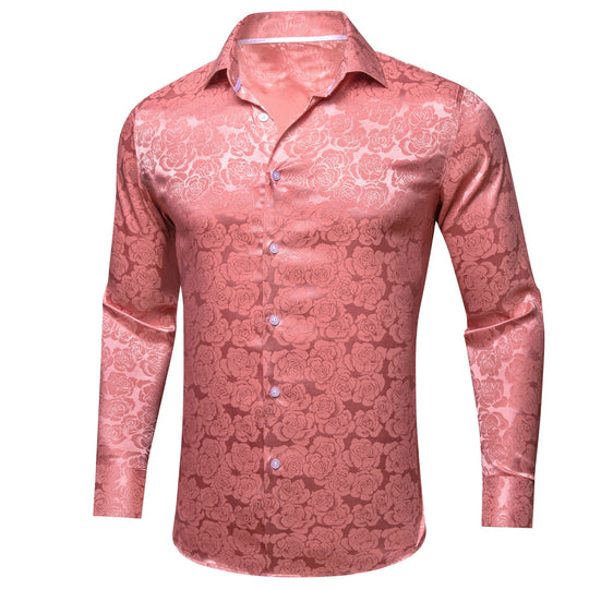 Rose Pink Coral Floral Silk Men's Long Sleeve Shirt- CY-0673 - SimonVon Shop