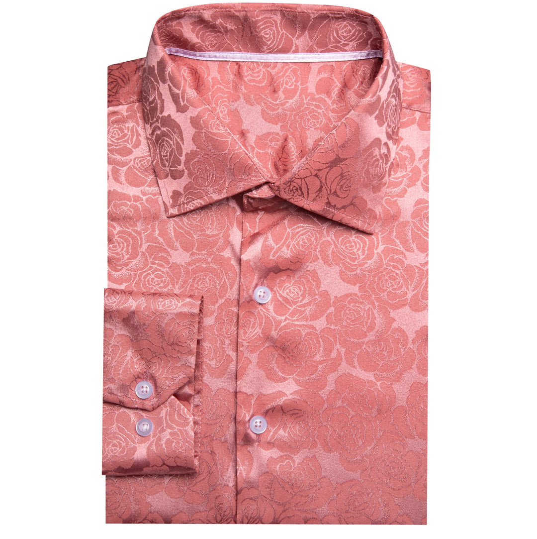 Rose Pink Coral Floral Silk Men's Long Sleeve Shirt- CY-0673 - SimonVon Shop