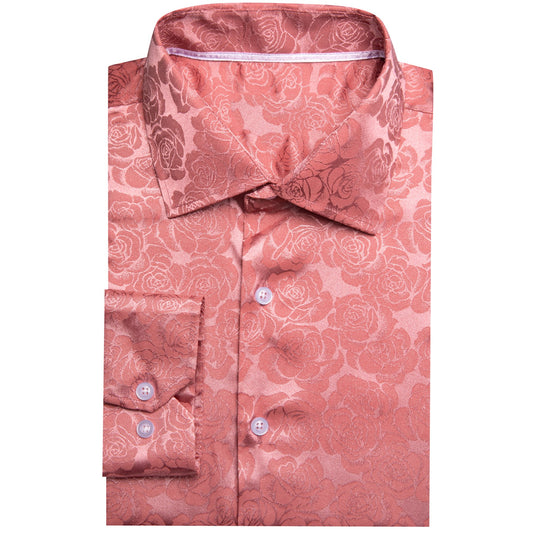Rose Pink Coral Floral Silk Men's Long Sleeve Shirt- CY-0673 - SimonVon Shop
