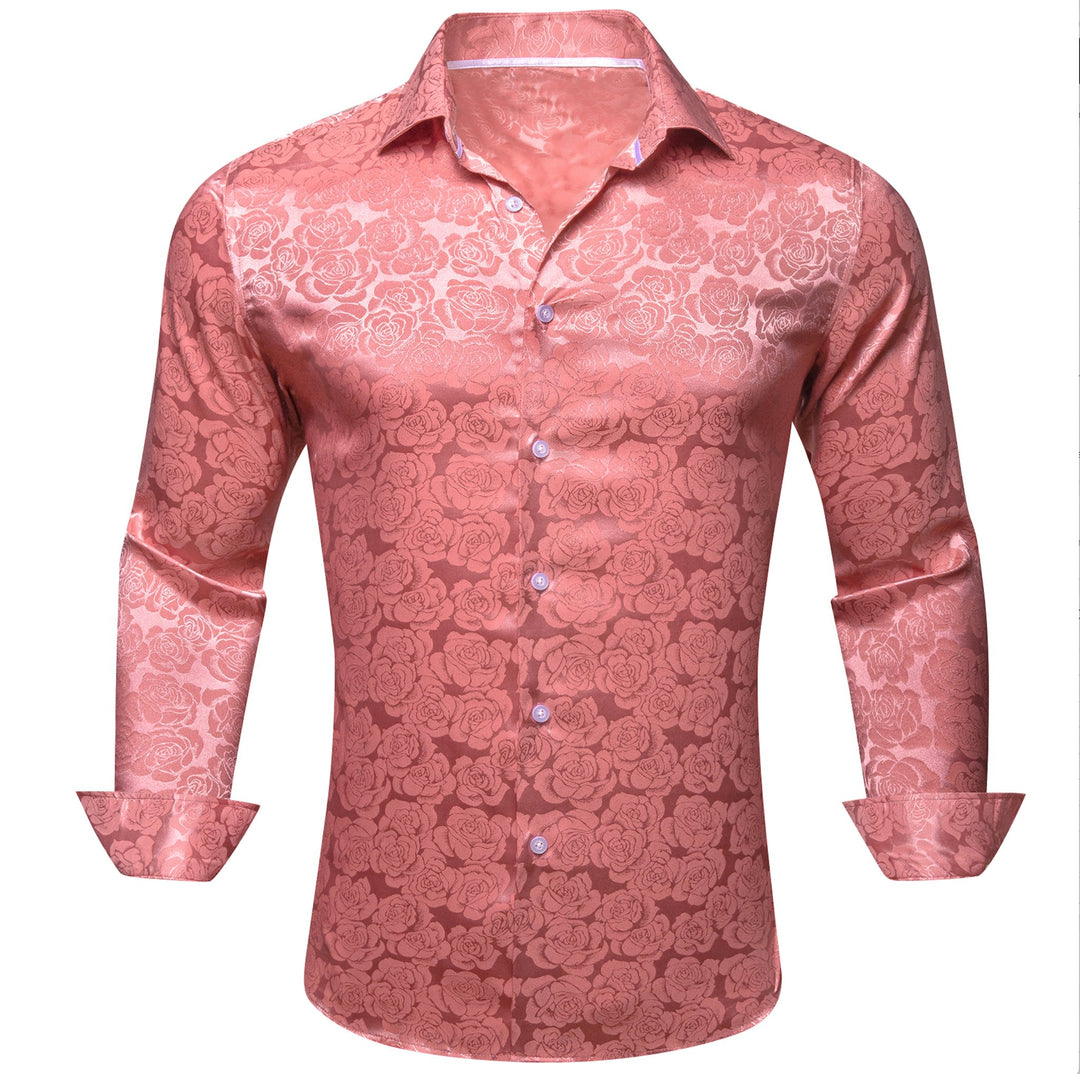 Rose Pink Coral Floral Silk Men's Long Sleeve Shirt- CY-0673 - SimonVon Shop