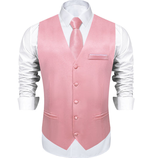 Rose Pink Solid Satin Waistcoat Vest Tie Handkerchief Cufflinks Set-MJ-0634 - SimonVon Shop