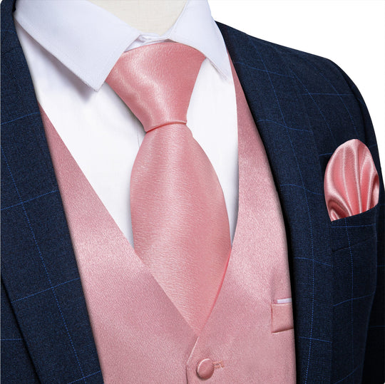Rose Pink Solid Satin Waistcoat Vest Tie Handkerchief Cufflinks Set-MJ-0634 - SimonVon Shop