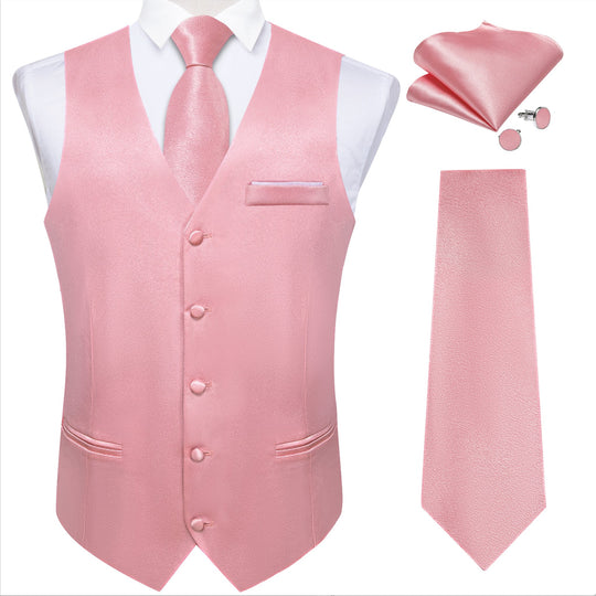 Rose Pink Solid Satin Waistcoat Vest Tie Handkerchief Cufflinks Set-MJ-0634 - SimonVon Shop