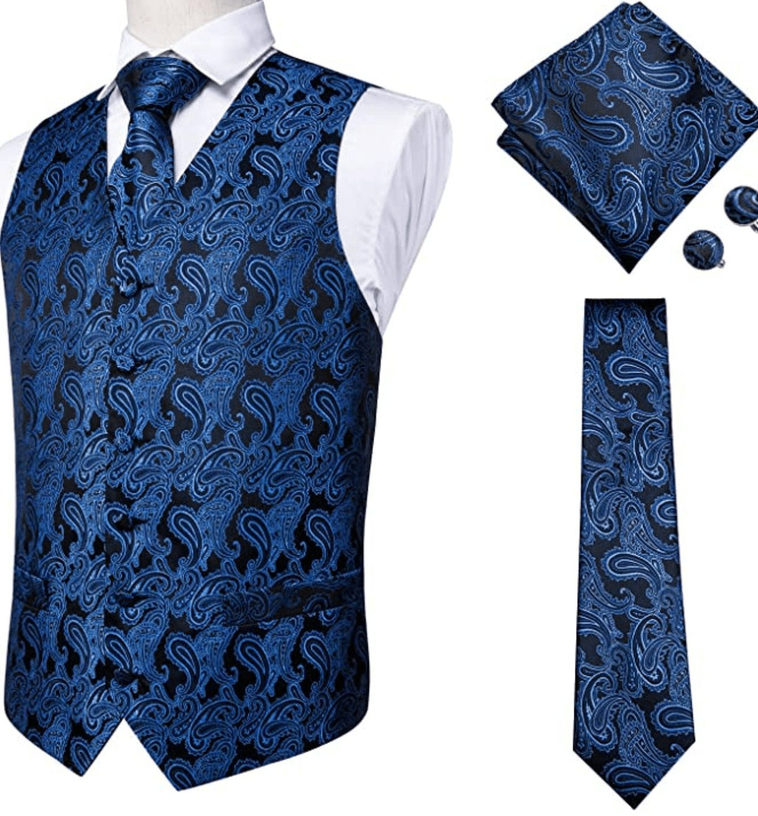 Royal Blue 4 PC Paisley Waistcoat and Necktie Pocket Square Cufflink Vest Set- MJ-0010 - SimonVon Shop
