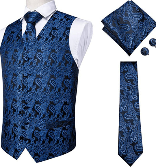 Royal Blue 4 PC Paisley Waistcoat and Necktie Pocket Square Cufflink Vest Set- MJ-0010 - SimonVon Shop