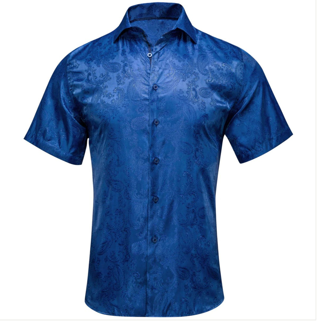 Royal Blue Paisley Silk Men's Short Sleeve Shirt-CY-1462 - SimonVon Shop