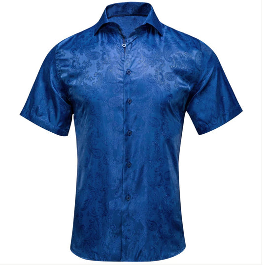 Royal Blue Paisley Silk Men's Short Sleeve Shirt-CY-1462 - SimonVon Shop