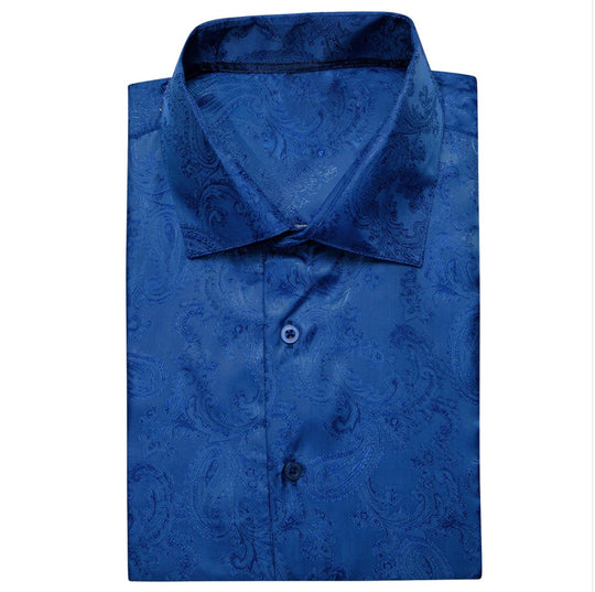 Royal Blue Paisley Silk Men's Short Sleeve Shirt-CY-1462 - SimonVon Shop