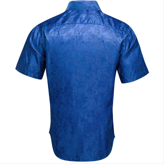Royal Blue Paisley Silk Men's Short Sleeve Shirt-CY-1462 - SimonVon Shop