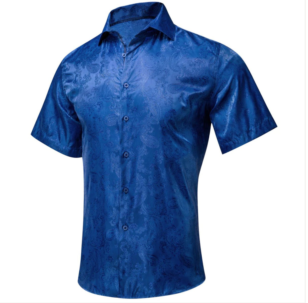 Royal Blue Paisley Silk Men's Short Sleeve Shirt-CY-1462 - SimonVon Shop