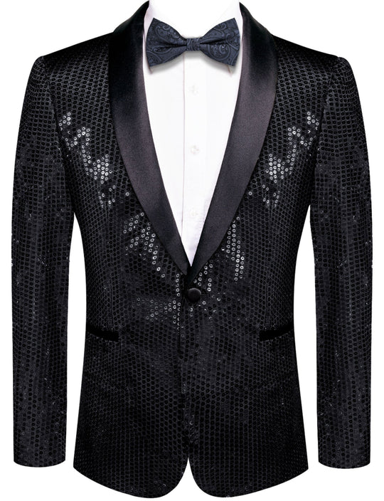Sequin Black Solid Jacket with Black Shawl Collar - XX-1081 - SimonVon Shop