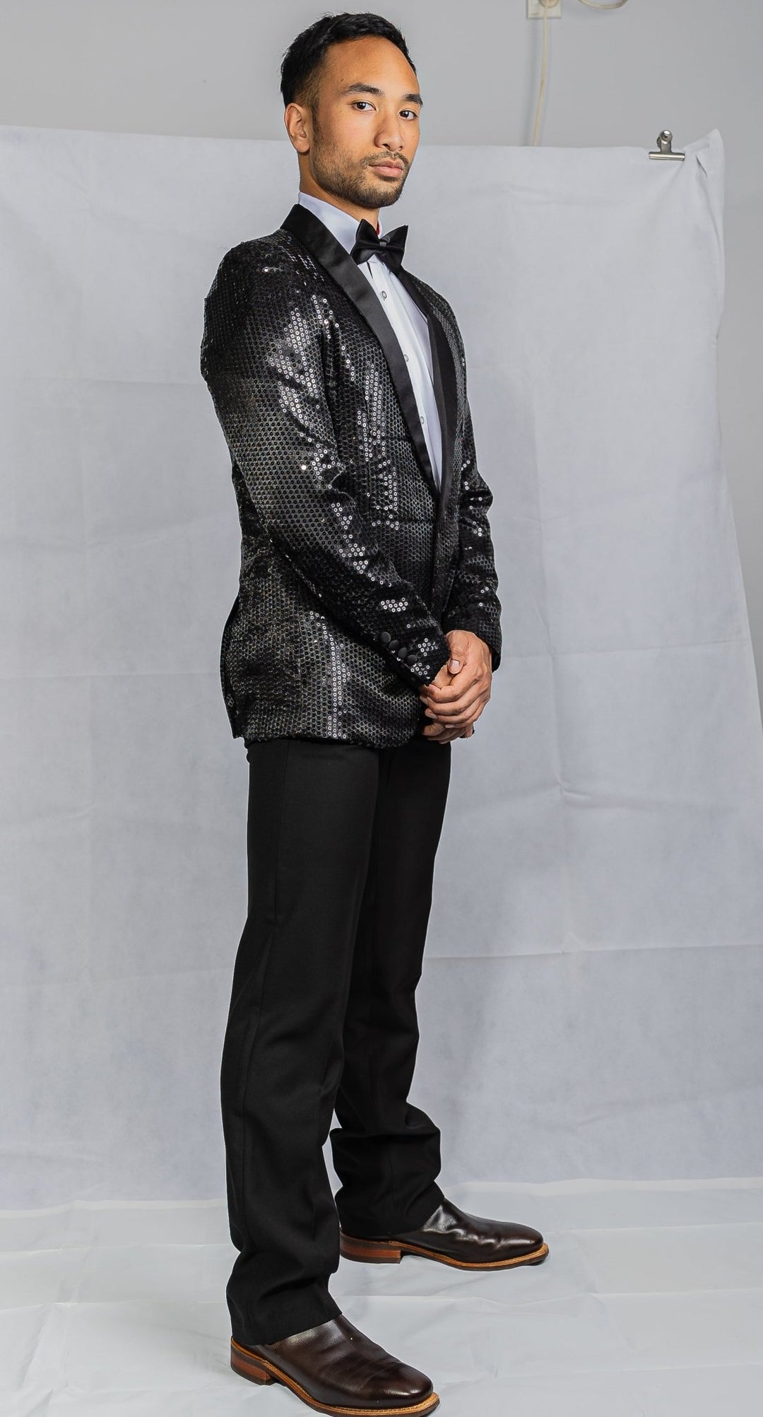 Sequin Black Solid Jacket with Black Shawl Collar - XX-1081 - SimonVon Shop