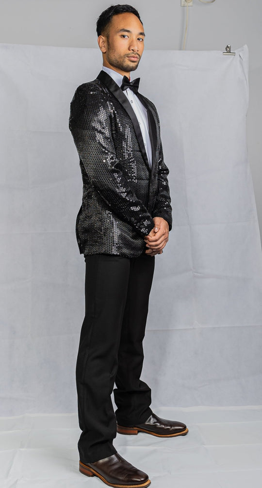 Sequin Black Solid Jacket with Black Shawl Collar - XX-1081 - SimonVon Shop