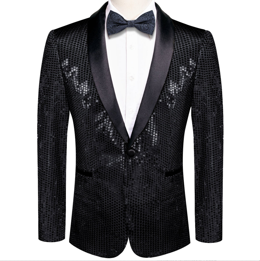 Sequin Black Solid Jacket with Black Shawl Collar - XX-1081 - SimonVon Shop