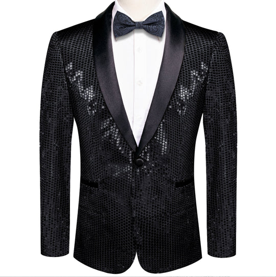 Sequin Black Solid Jacket with Black Shawl Collar - XX-1081 - SimonVon Shop