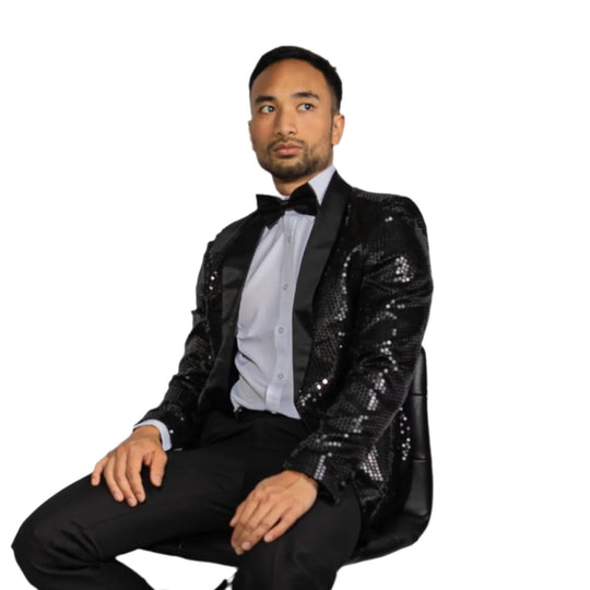 Sequin Black Solid Jacket with Black Shawl Collar - XX-1081 - SimonVon Shop