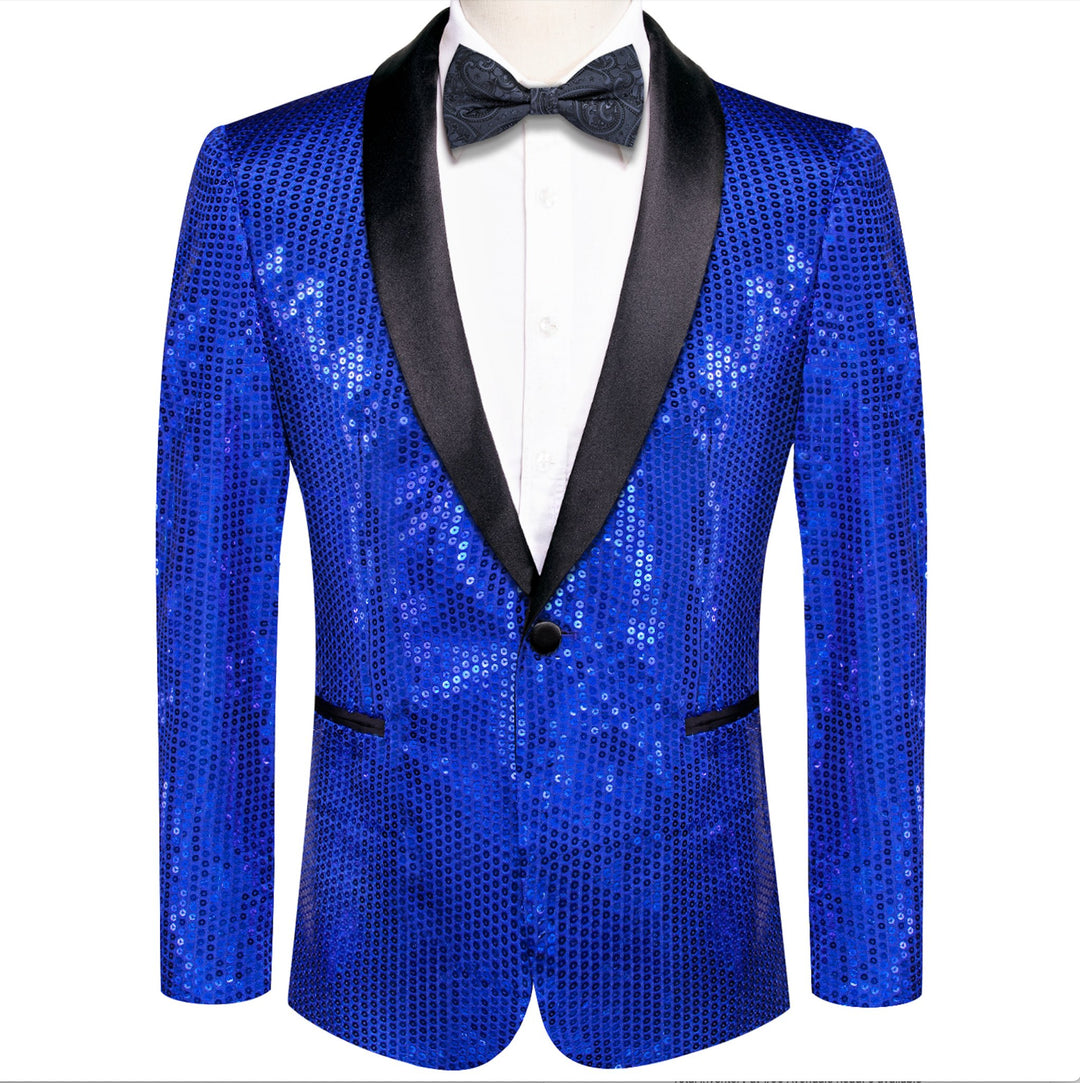 Sequin Blue Solid Jacket with Black Shawl Collar - XX-1079 - SimonVon Shop