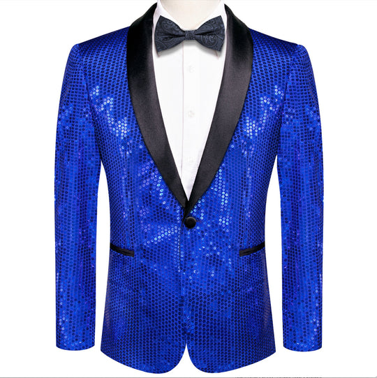 Sequin Blue Solid Jacket with Black Shawl Collar - XX-1079 - SimonVon Shop