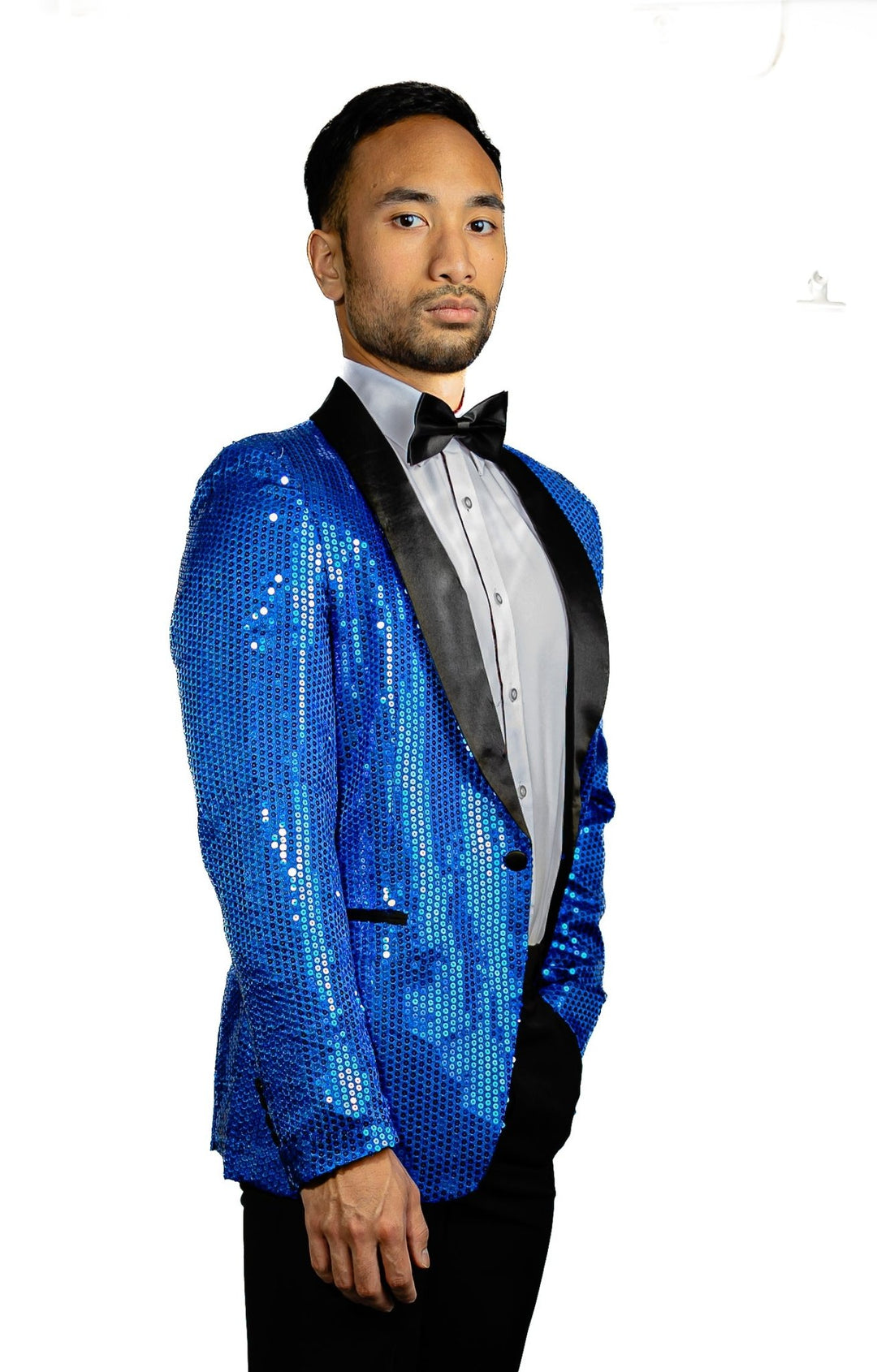 Sequin Blue Solid Jacket with Black Shawl Collar - XX-1079 - SimonVon Shop