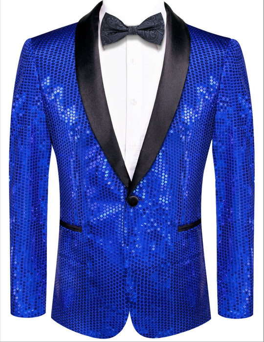Sequin Blue Solid Jacket with Black Shawl Collar - XX-1079 - SimonVon Shop