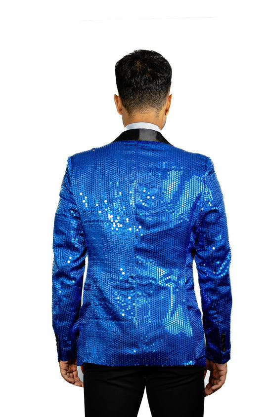 Sequin Blue Solid Jacket with Black Shawl Collar - XX-1079 - SimonVon Shop
