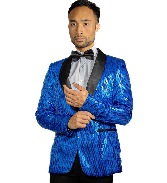 Sequin Blue Solid Jacket with Black Shawl Collar - XX-1079 - SimonVon Shop