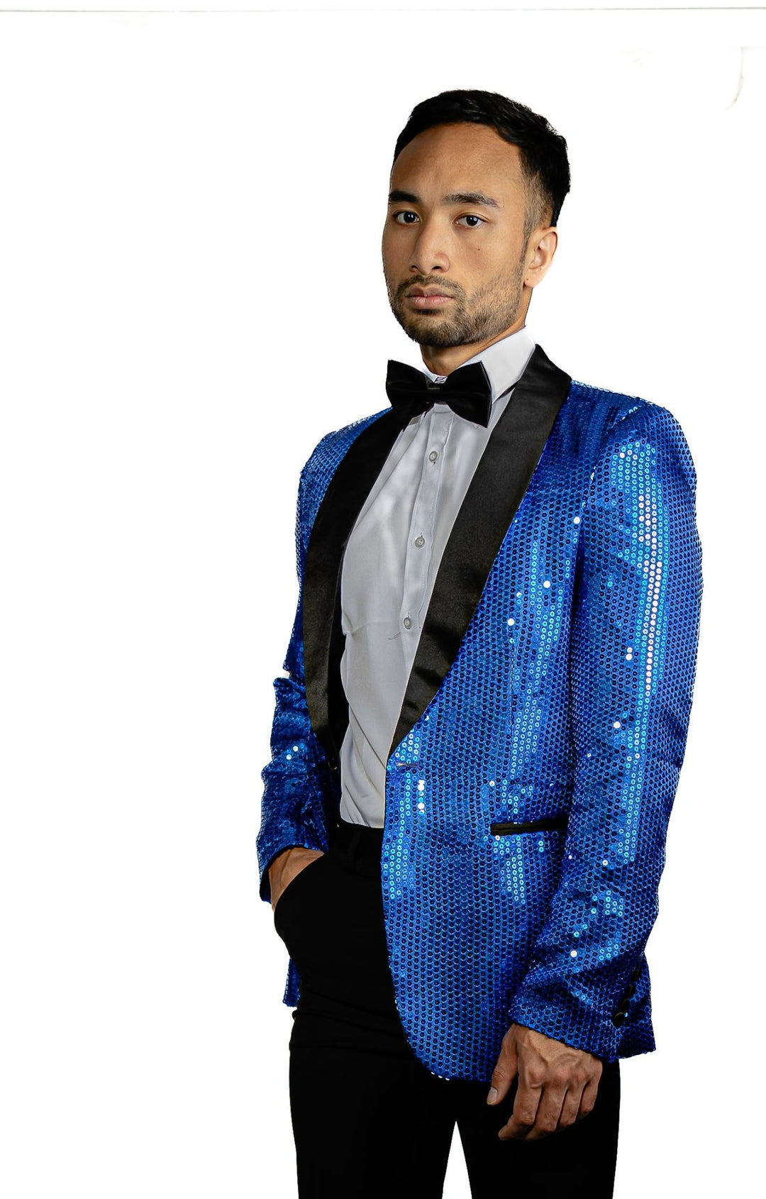 Sequin Blue Solid Jacket with Black Shawl Collar - XX-1079 - SimonVon Shop