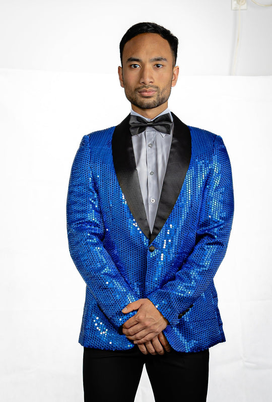 Sequin Blue Solid Jacket with Black Shawl Collar - XX-1079 - SimonVon Shop