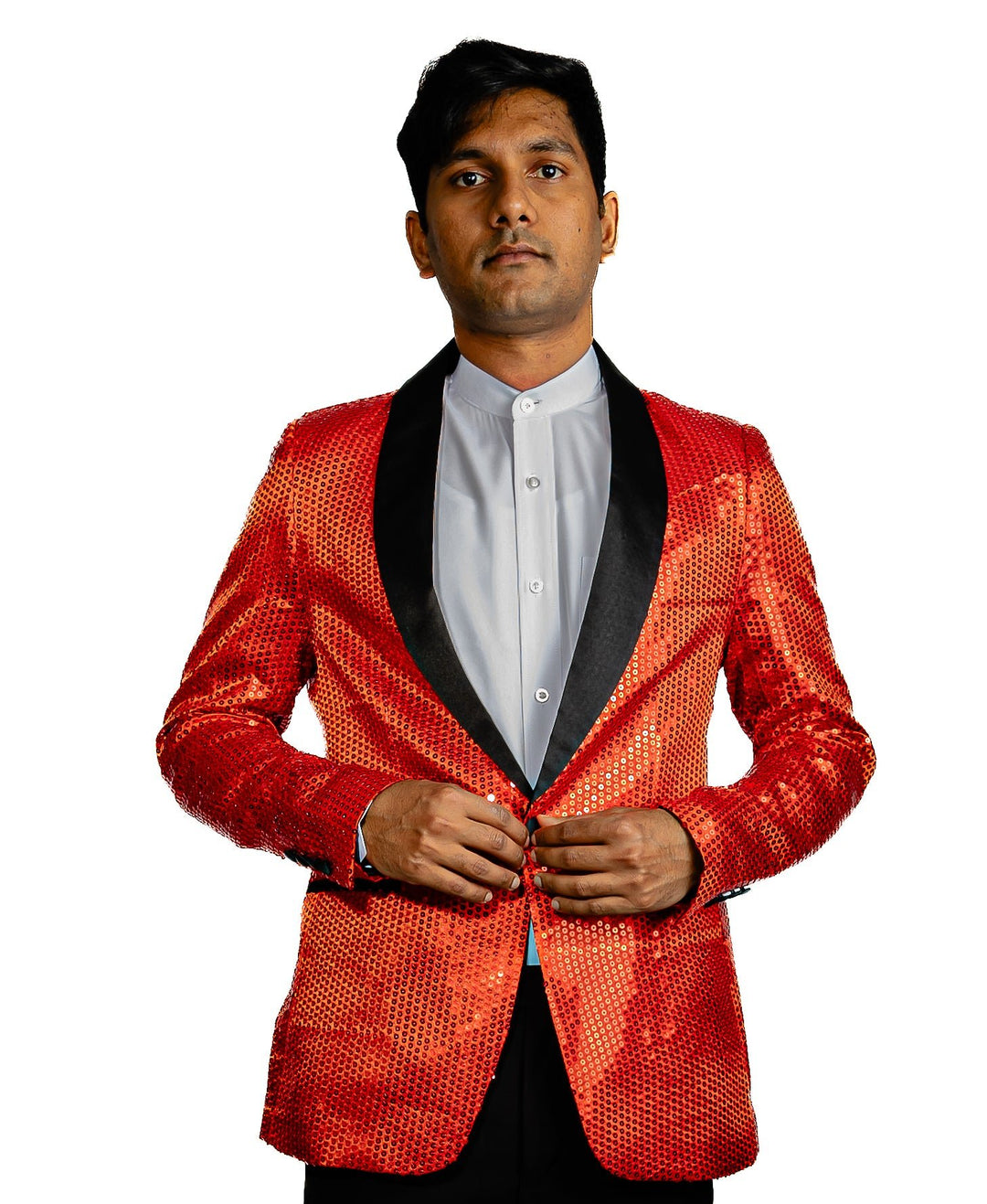 Sequin Red Solid Jacket with Black Shawl Collar - XX-1083 - SimonVon Shop