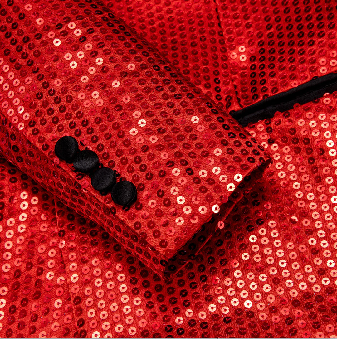 Sequin Red Solid Jacket with Black Shawl Collar - XX-1083 - SimonVon Shop