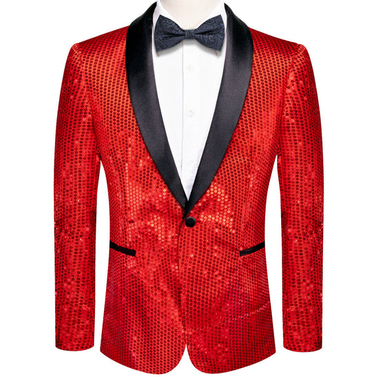 Sequin Red Solid Jacket with Black Shawl Collar - XX-1083 - SimonVon Shop
