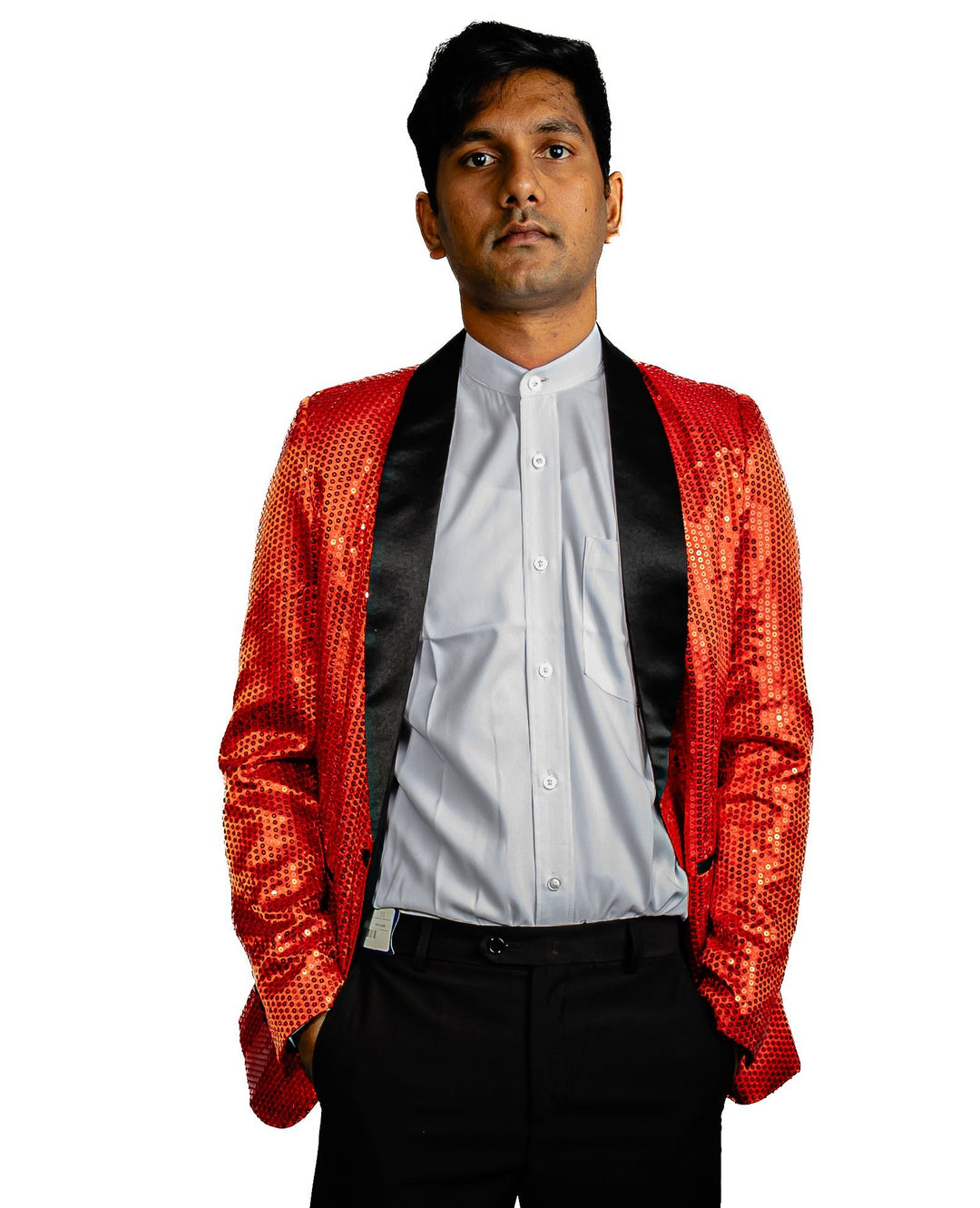 Sequin Red Solid Jacket with Black Shawl Collar - XX-1083 - SimonVon Shop