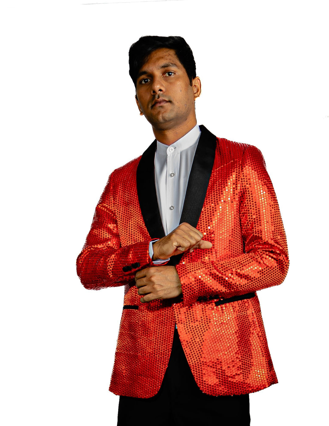 Sequin Red Solid Jacket with Black Shawl Collar - XX-1083 - SimonVon Shop