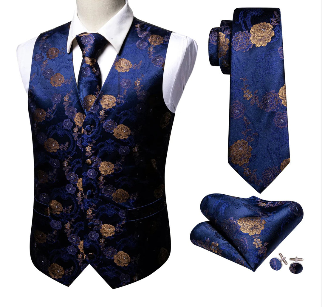 Shining Blue Gold Flower Silk Vest Tie Pocket Square Cufflinks Set-MJ-2571 - SimonVon Shop