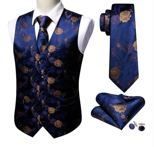 Shining Blue Gold Flower Silk Vest Tie Pocket Square Cufflinks Set-MJ-2571 - SimonVon Shop