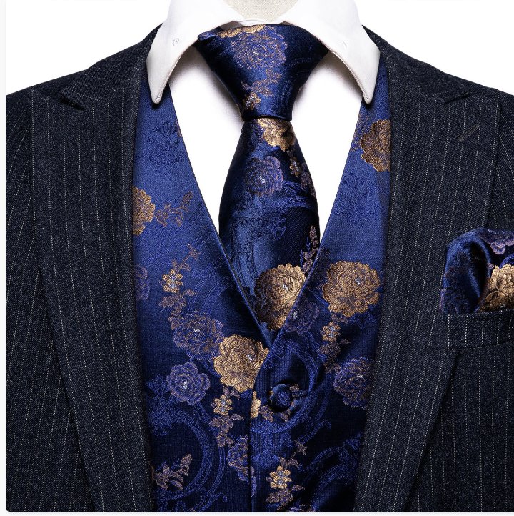 Shining Blue Gold Flower Silk Vest Tie Pocket Square Cufflinks Set-MJ-2571 - SimonVon Shop