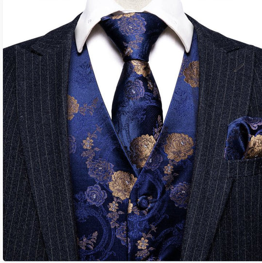 Shining Blue Gold Flower Silk Vest Tie Pocket Square Cufflinks Set-MJ-2571 - SimonVon Shop
