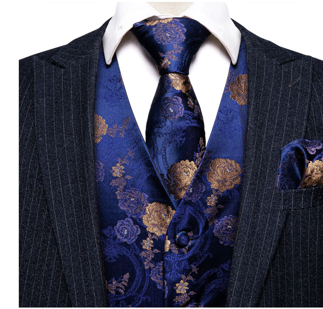 Shining Blue Gold Flower Silk Vest Tie Pocket Square Cufflinks Set-MJ-2571 - SimonVon Shop