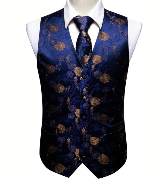Shining Blue Gold Flower Silk Vest Tie Pocket Square Cufflinks Set-MJ-2571 - SimonVon Shop