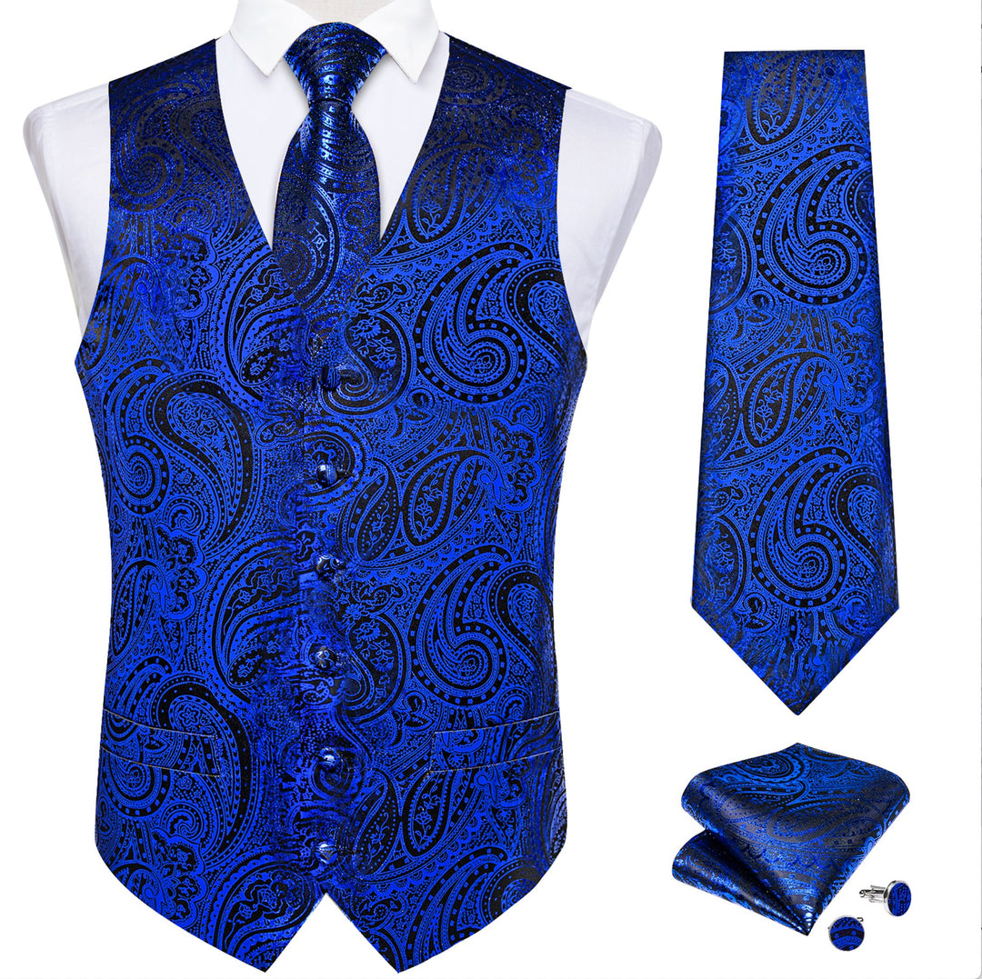 SHINING BLUE JACQUARD SILK WAISTCOAT VEST NECKTIE HANDKERCHIEF CUFFLINKS SET-MJ-0605 - SimonVon Shop