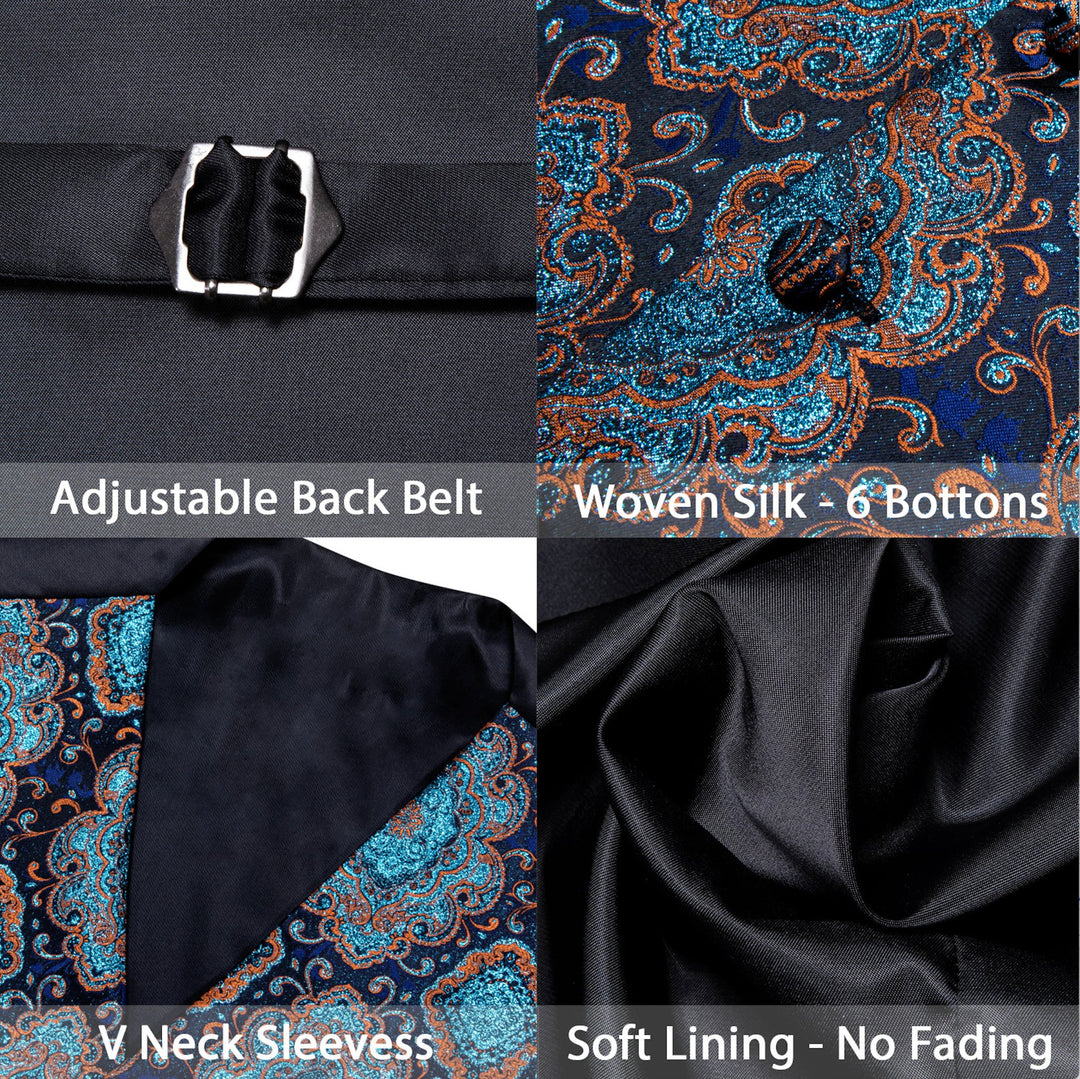 Shining Men's Teal Blue Brown Paisley Silk Vest Bowtie Pocket square Cufflinks- MJ-2515 - SimonVon Shop