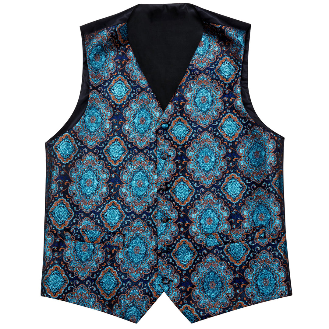 Shining Men's Teal Blue Brown Paisley Silk Vest Bowtie Pocket square Cufflinks- MJ-2515 - SimonVon Shop
