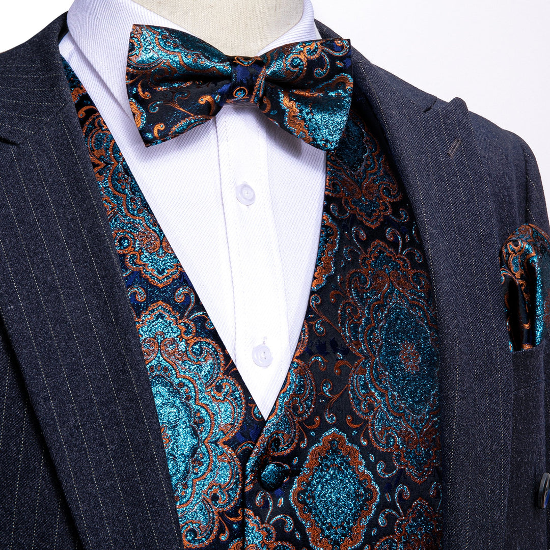 Shining Men's Teal Blue Brown Paisley Silk Vest Bowtie Pocket square Cufflinks- MJ-2515 - SimonVon Shop
