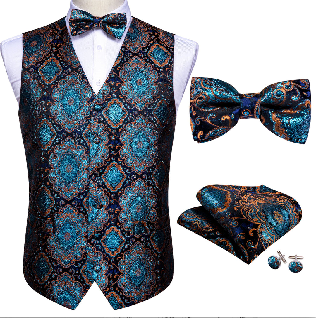 Shining Men's Teal Blue Brown Paisley Silk Vest Bowtie Pocket square Cufflinks- MJ-2515 - SimonVon Shop